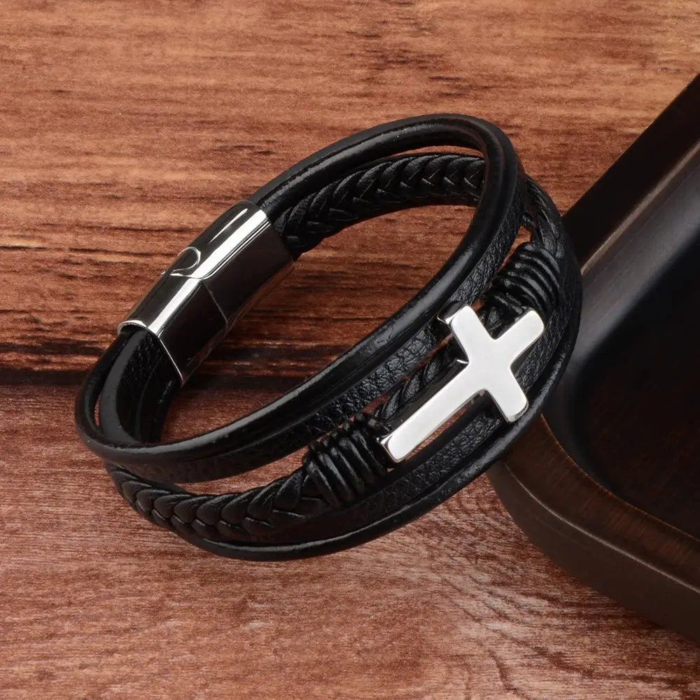 Men’s Genuine Leather Cross Bracelet – Multilayer Braided Stainless Steel Magnet Bangle