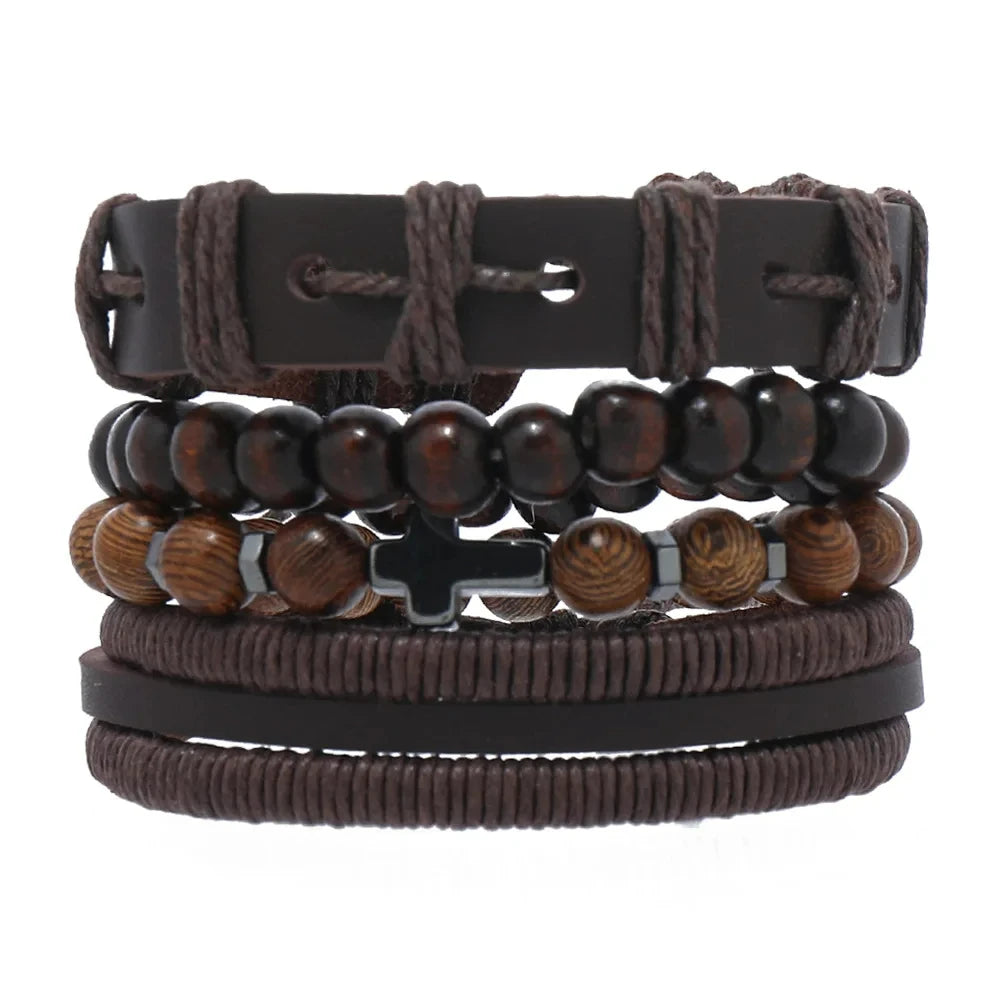 Black Stone Cross Leather Bracelet Set – Hand Woven Multilayer Men’s Jewelry