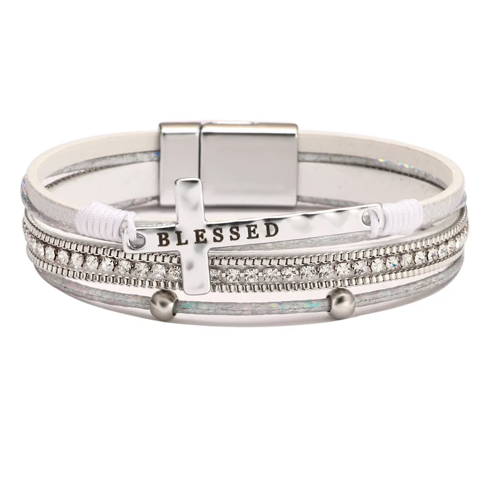 Bohemian Rhinestone Cross Leather Bracelet – Layered Wrap Christian Jewelry For Women