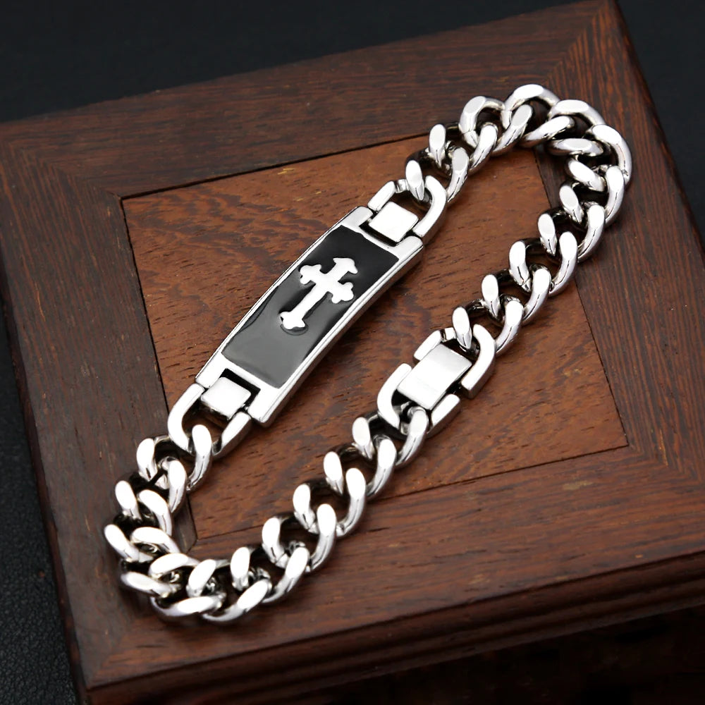 Stainless Steel Cuban Link Cross Bracelet – Unisex Punk Hip Hop Jewelry