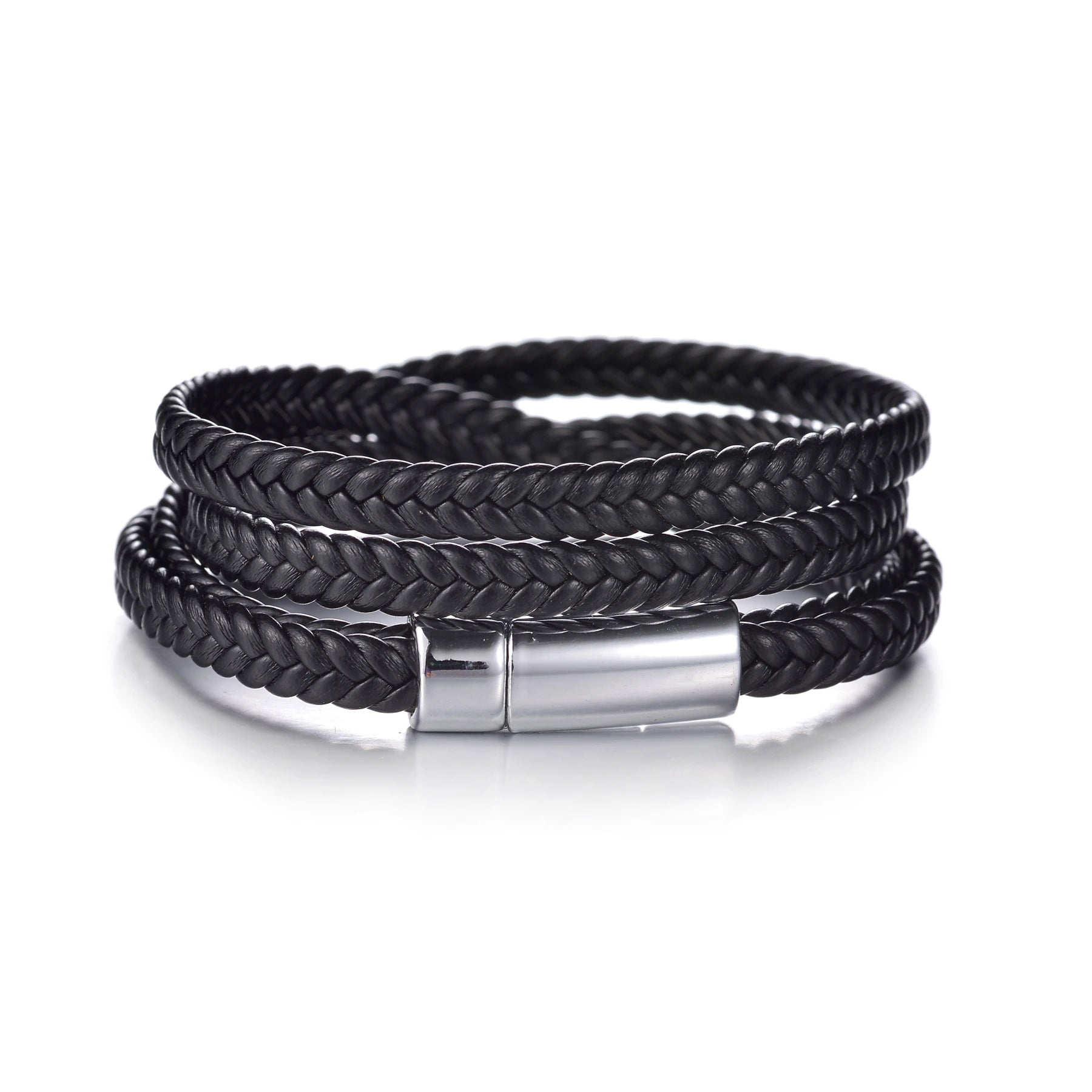 Men’s Multi Layer Leather Cross Bracelet – Braided Stainless Steel Prayer Wristband