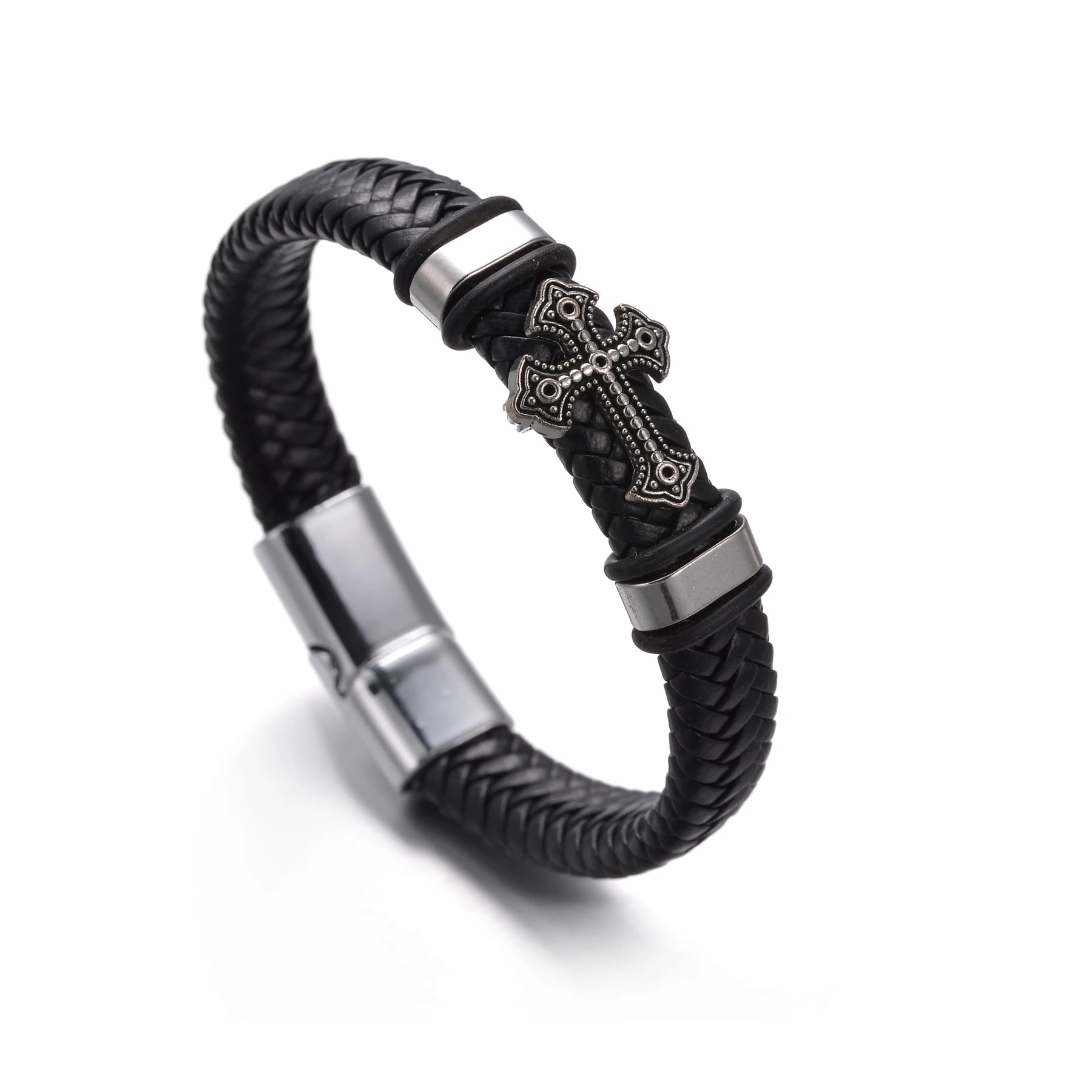 Men’s Multi Layer Leather Cross Bracelet – Braided Stainless Steel Prayer Wristband