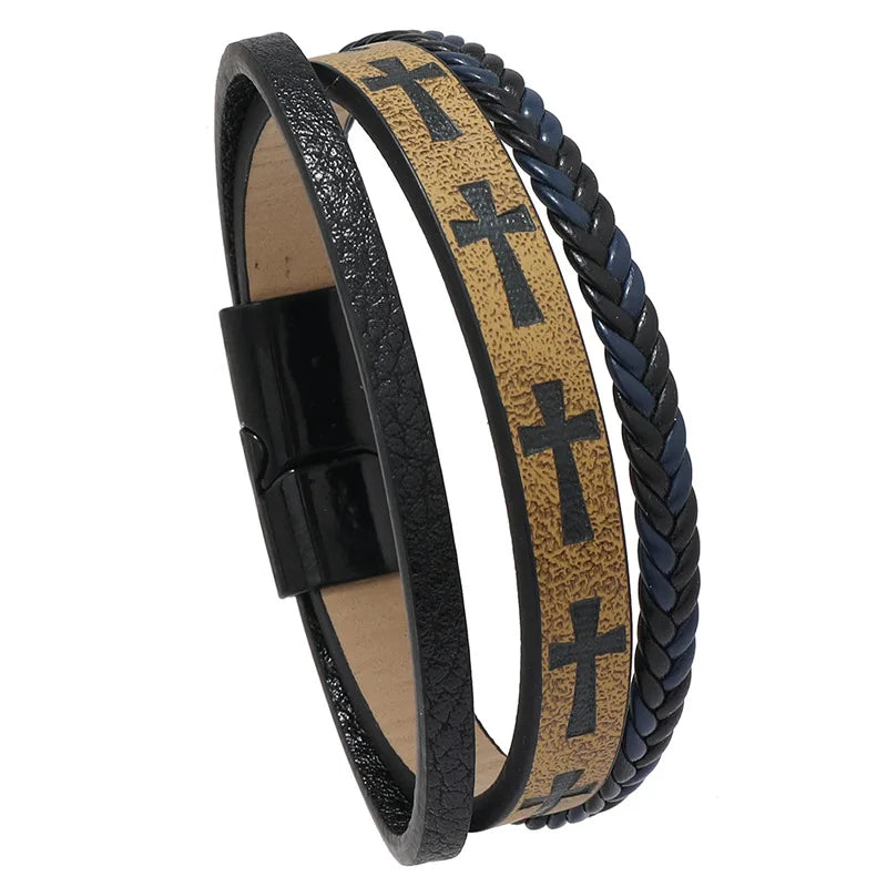 Black Leather Cross Cuff Bracelet – Unique Punk Vintage Men Wristband