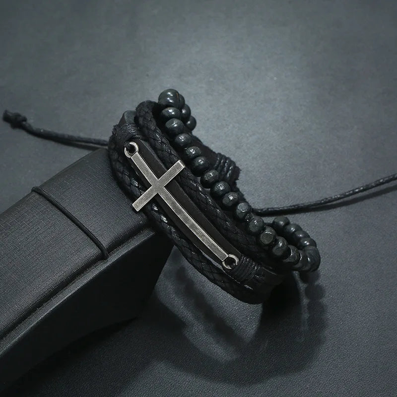Men’s Retro Cross Layer Bracelet – Hand Woven Black Cowhide Leather Jewelry
