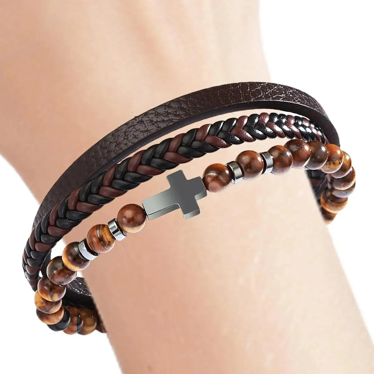 Men’s Multi Strand Woven Cross Bracelet – Braided Cuff Wristband Christian Jewelry