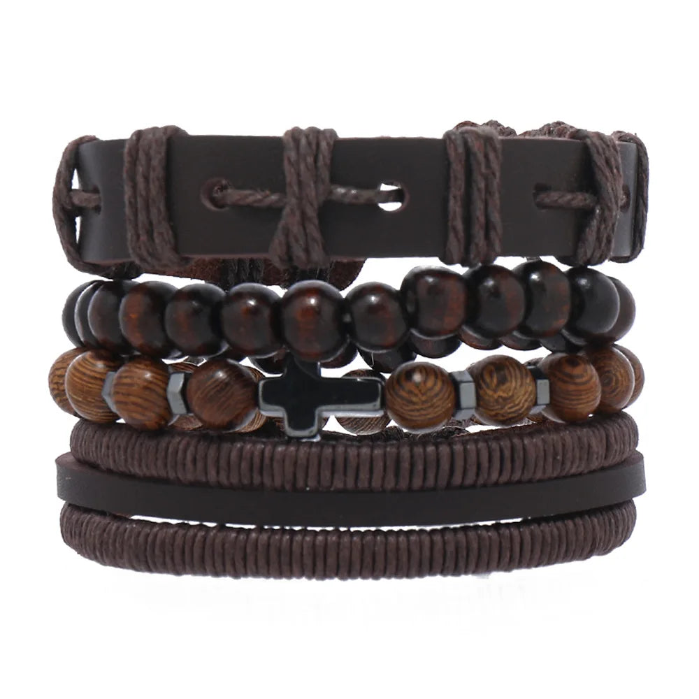 Black Stone Cross Leather Bracelet Set – Hand Woven Multilayer Men’s Jewelry