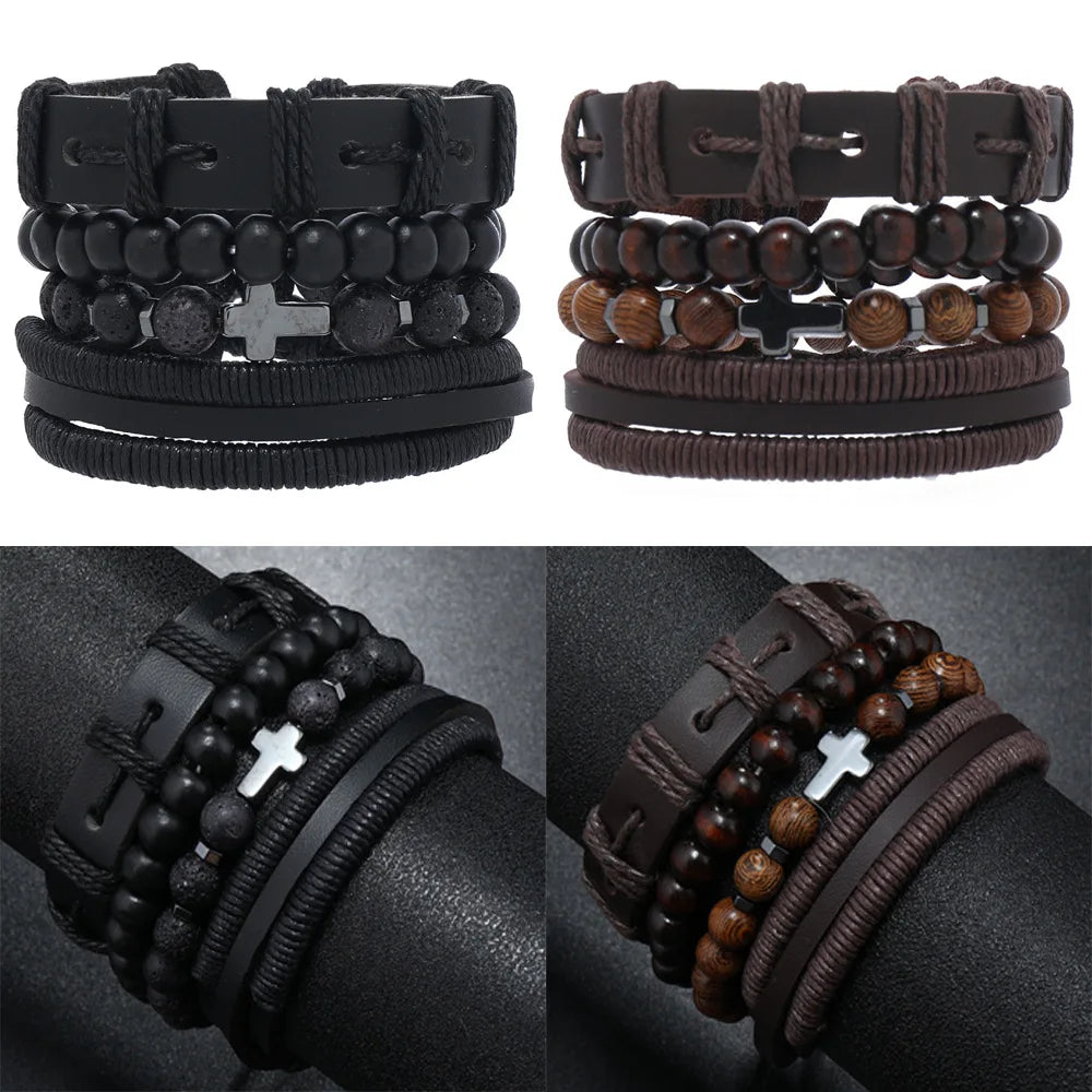 Black Stone Cross Leather Bracelet Set – Hand Woven Multilayer Men’s Jewelry