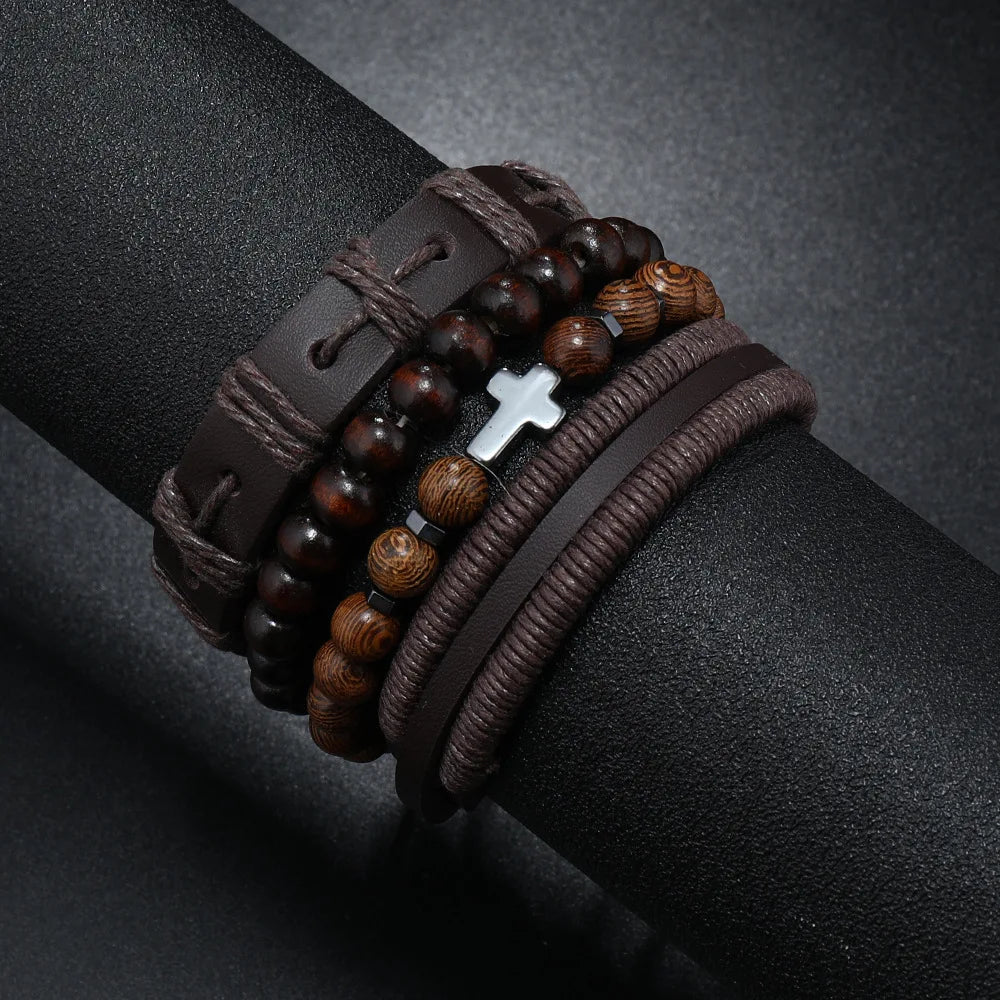 Black Stone Cross Leather Bracelet Set – Hand Woven Multilayer Men’s Jewelry