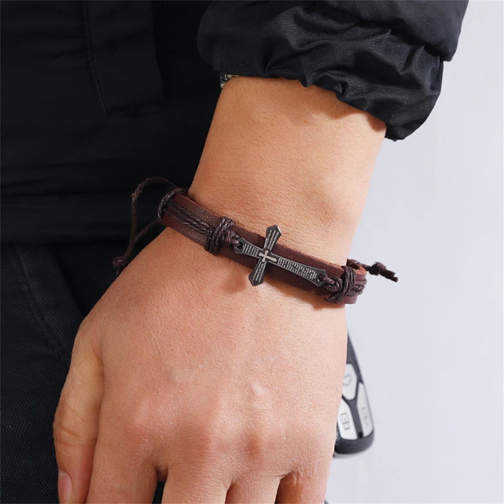 Retro Braided Leather Cross Bracelet – Adjustable Christian Faith Jewelry Gift Unisex