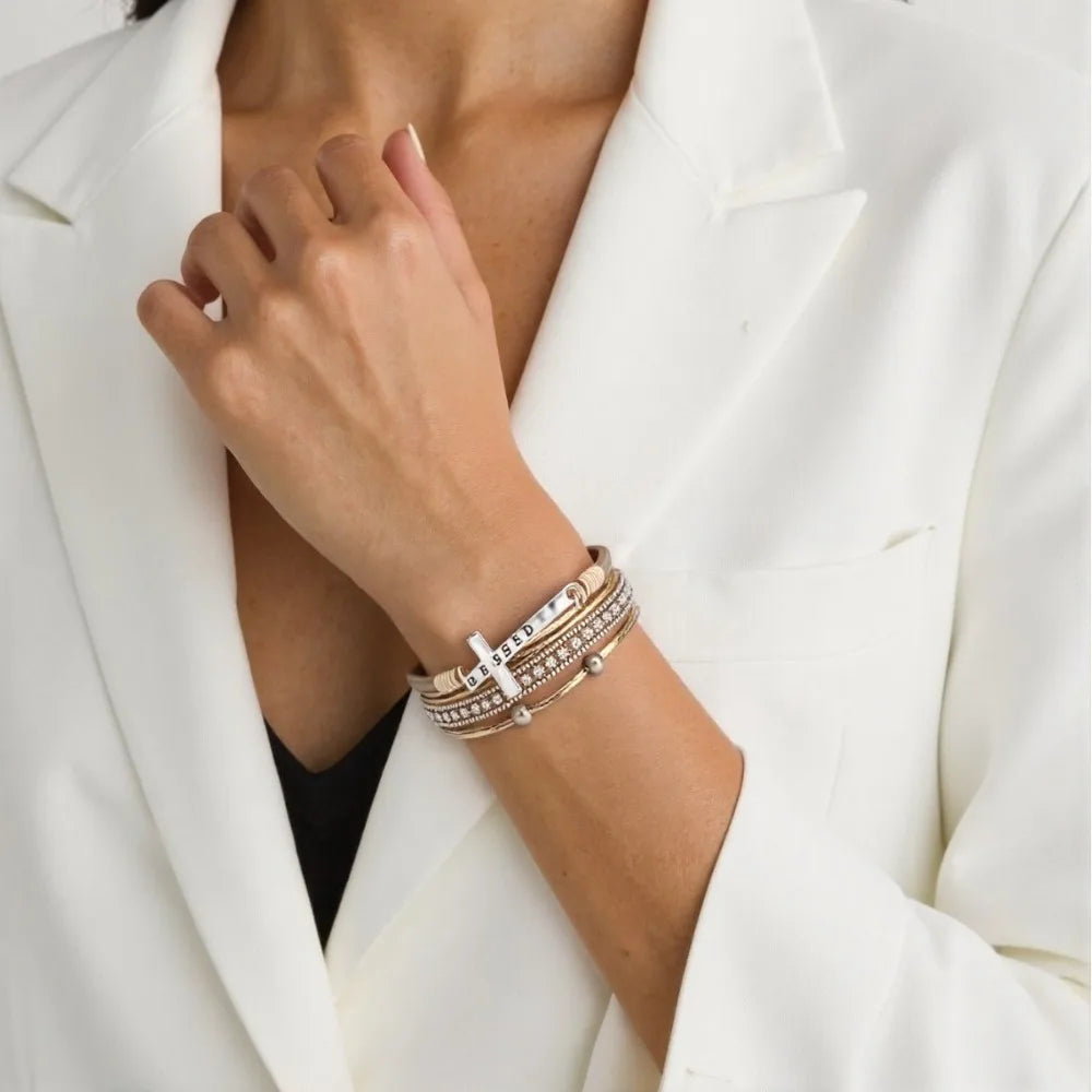 Bohemian Rhinestone Cross Leather Bracelet – Layered Wrap Christian Jewelry For Women
