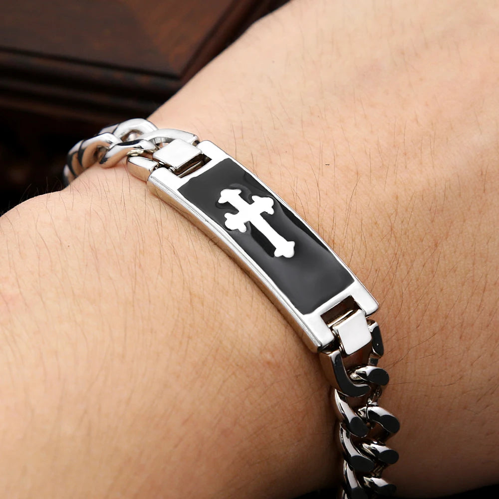 Stainless Steel Cuban Link Cross Bracelet – Unisex Punk Hip Hop Jewelry