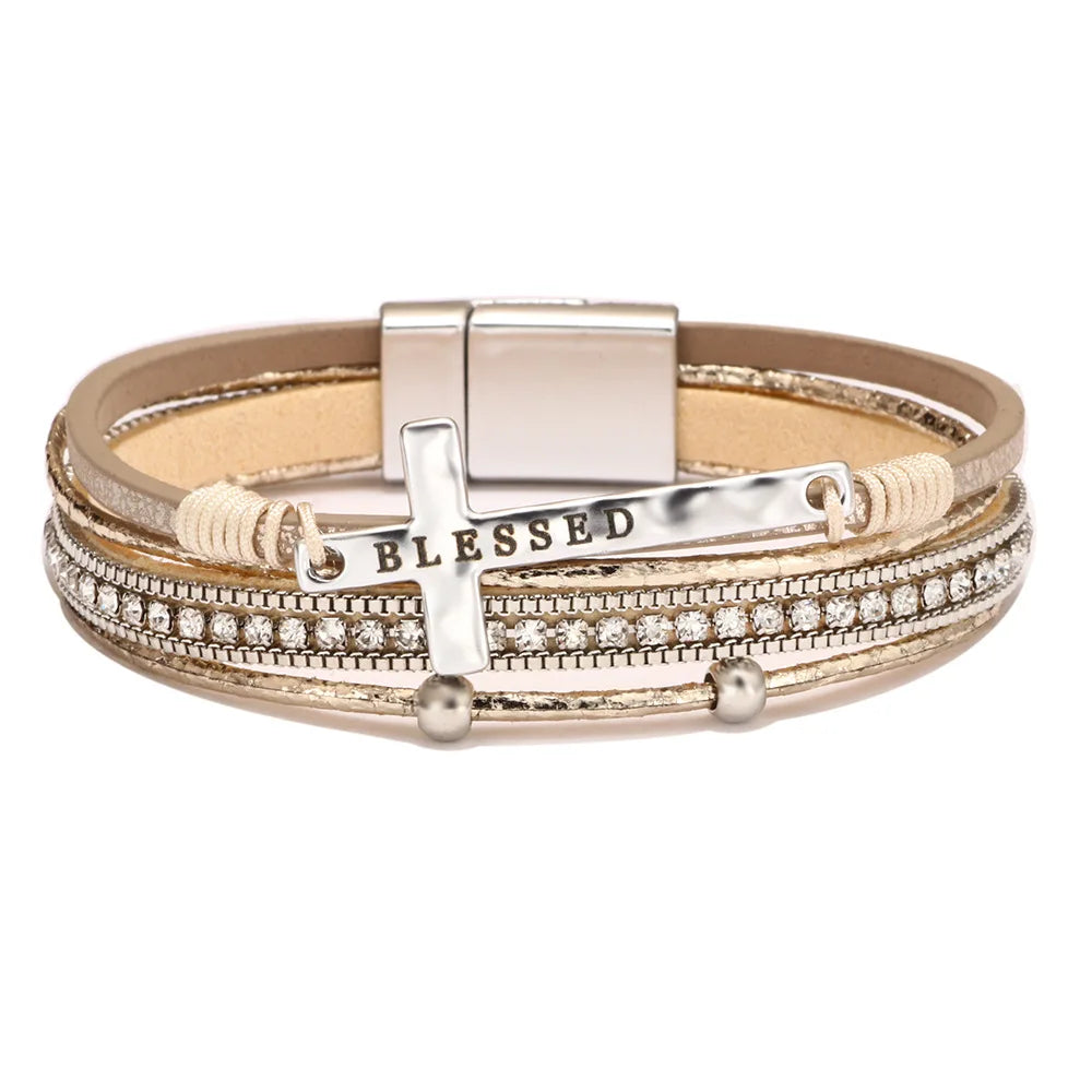 Bohemian Rhinestone Cross Leather Bracelet – Layered Wrap Christian Jewelry For Women