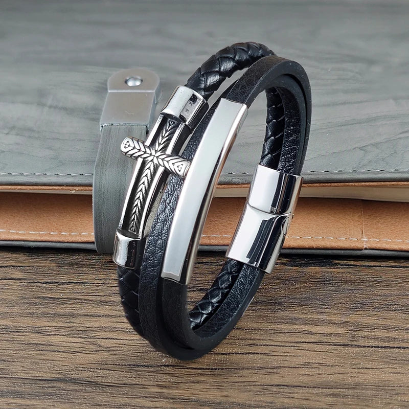 Men’s Cross Braid Leather Bracelet – Stainless Steel Magnetic Buckle Woven Jewelry