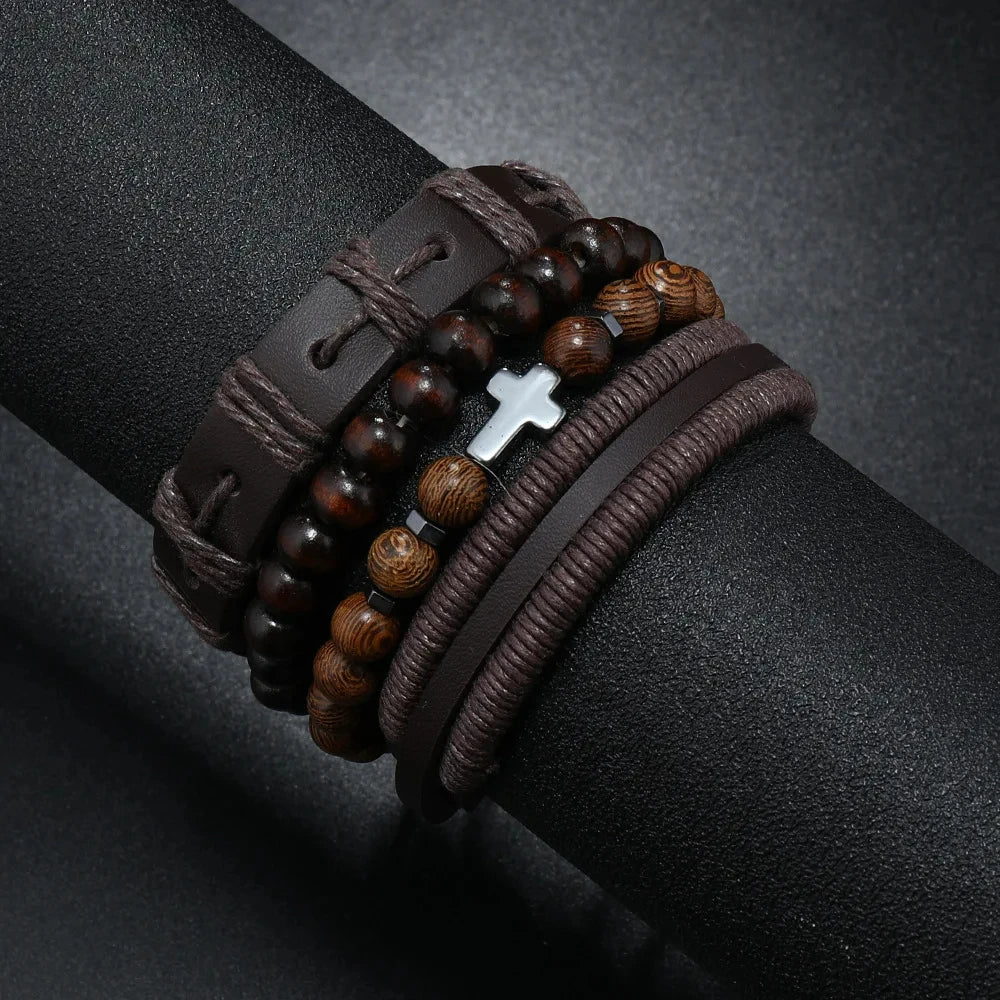 Black Stone Cross Leather Bracelet Set – Hand Woven Multilayer Men’s Jewelry