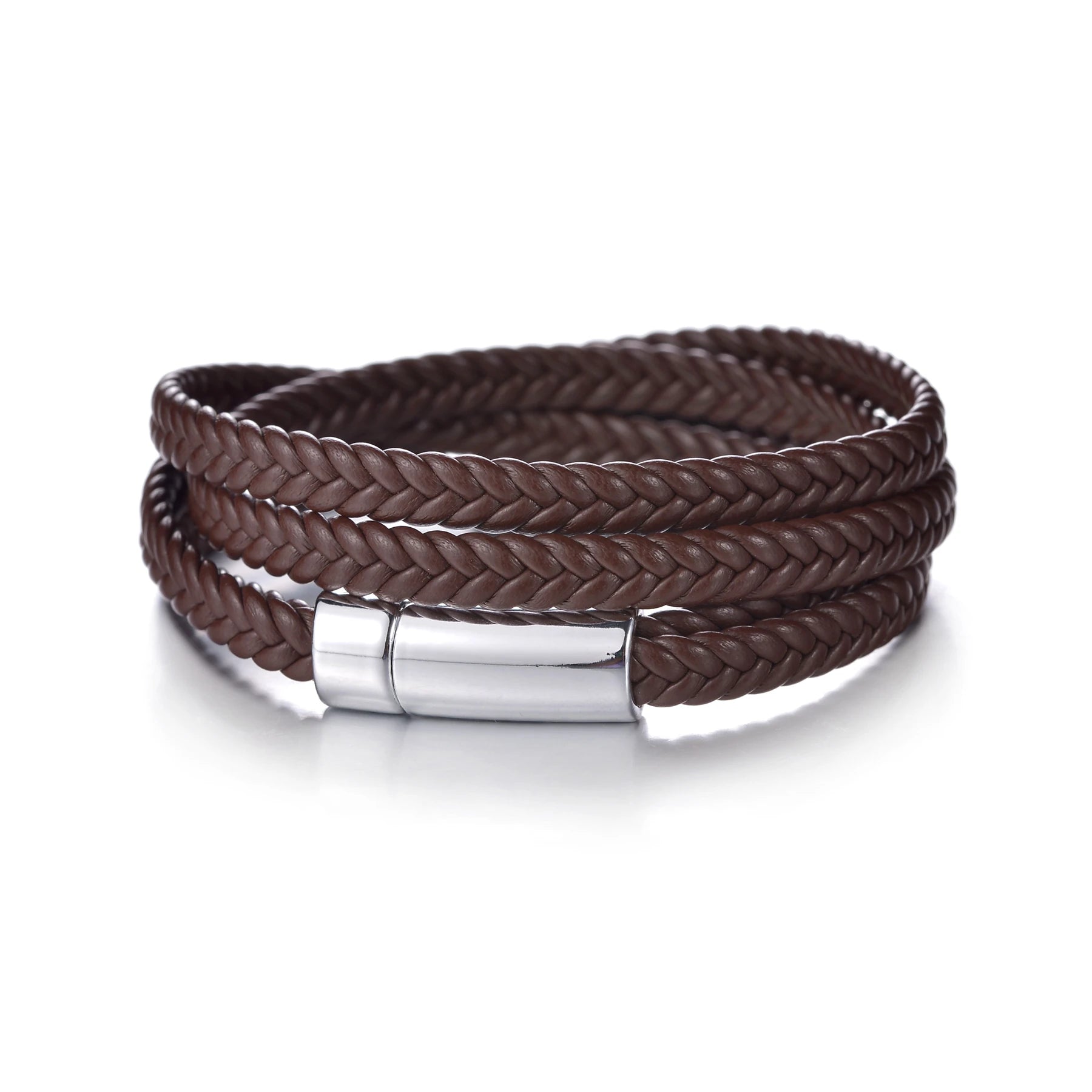 Men’s Multi Layer Leather Cross Bracelet – Braided Stainless Steel Prayer Wristband