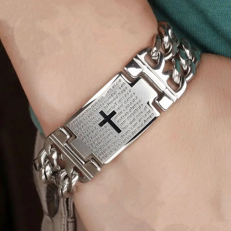 Men’s Stainless Steel Cuban Chain Cross Bracelet – Masculine Christian Hand Jewelry