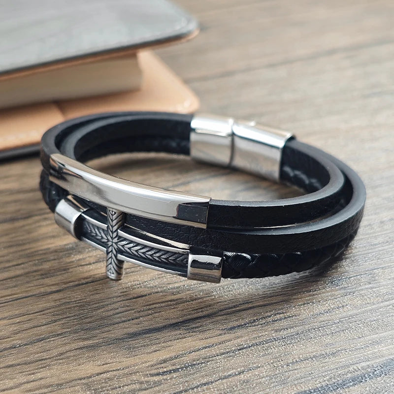 Men’s Cross Braid Leather Bracelet – Stainless Steel Magnetic Buckle Woven Jewelry