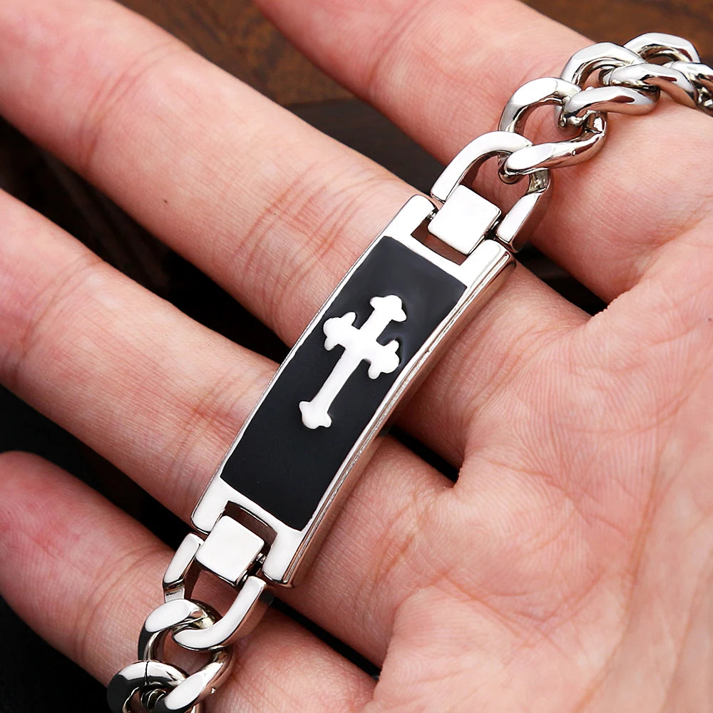 Stainless Steel Cuban Link Cross Bracelet – Unisex Punk Hip Hop Jewelry