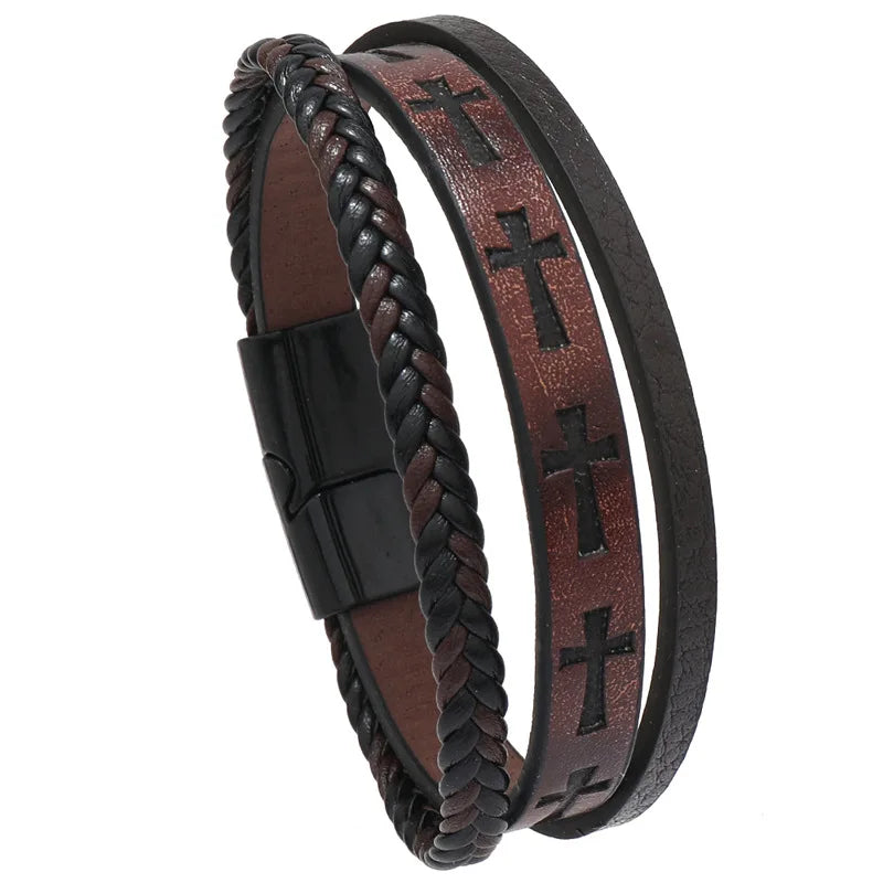 Black Leather Cross Cuff Bracelet – Unique Punk Vintage Men Wristband