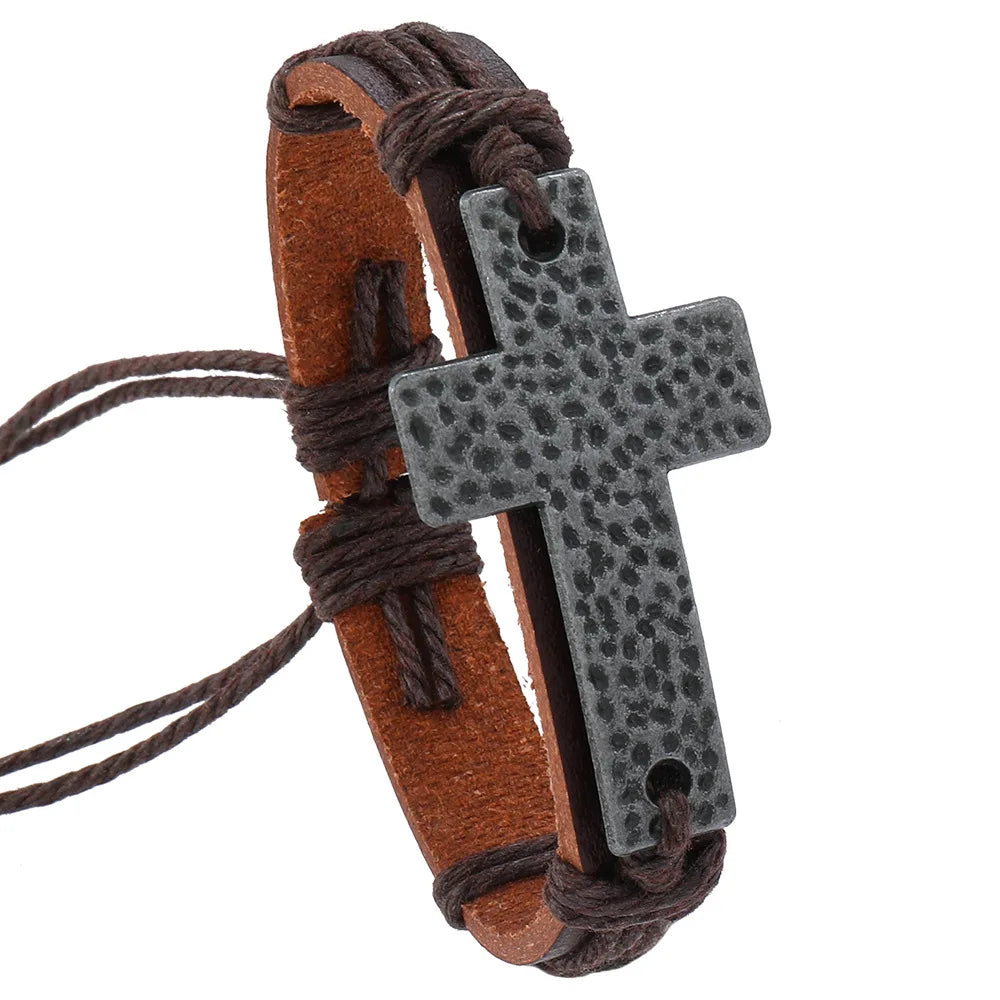 Women’s Vintage Cross Leather Bracelet – Black Brown Braided Christian Jewelry Bangle