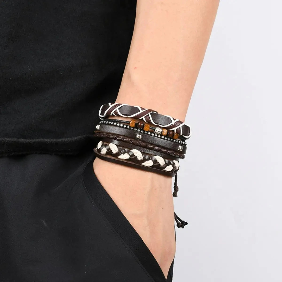 Black Stone Cross Leather Bracelet Set – Hand Woven Multilayer Men’s Jewelry