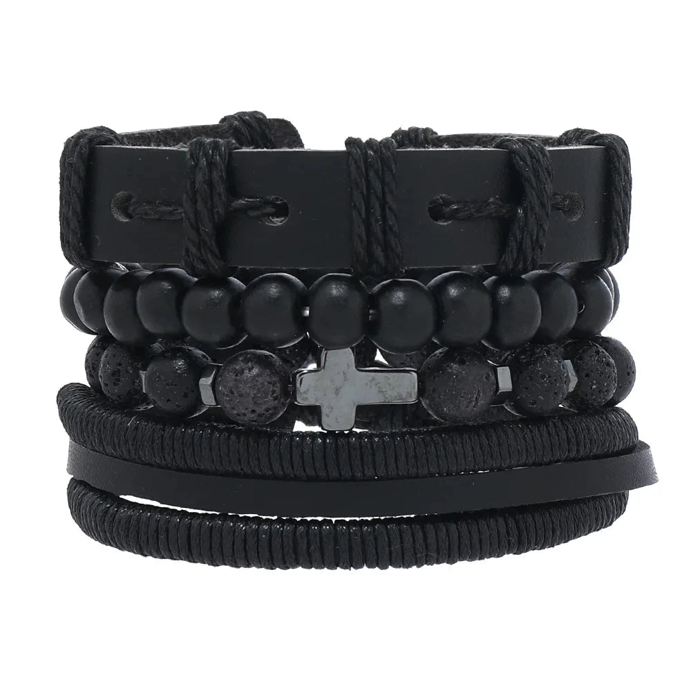 Black Stone Cross Leather Bracelet Set – Hand Woven Multilayer Men’s Jewelry