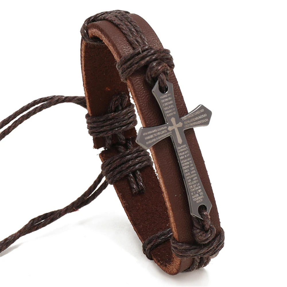 Retro Braided Leather Cross Bracelet – Adjustable Christian Faith Jewelry Gift Unisex