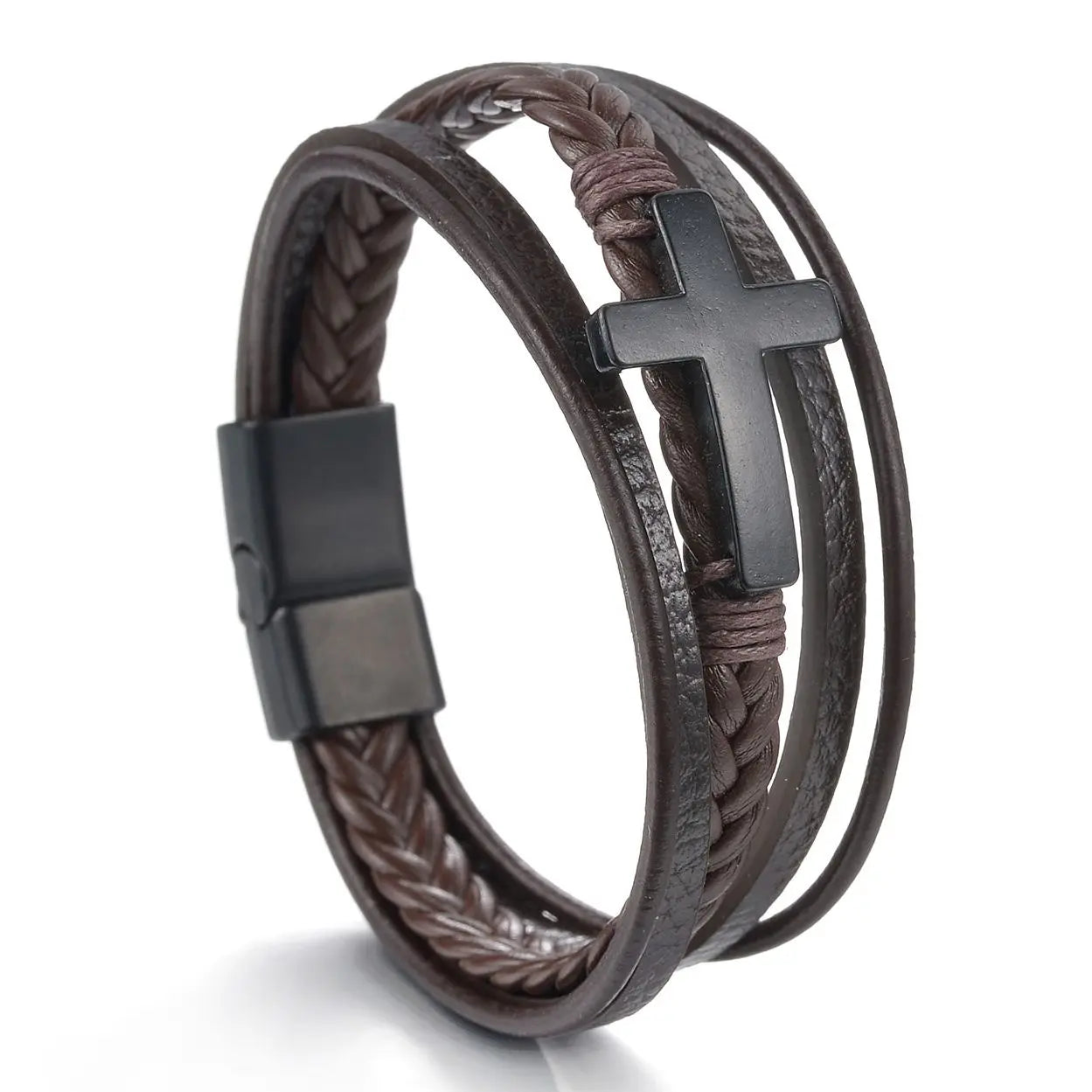 Men’s Multi Layer Leather Cross Bracelet – Braided Stainless Steel Prayer Wristband