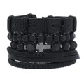Black Stone Cross Leather Bracelet Set – Hand Woven Multilayer Men’s Jewelry