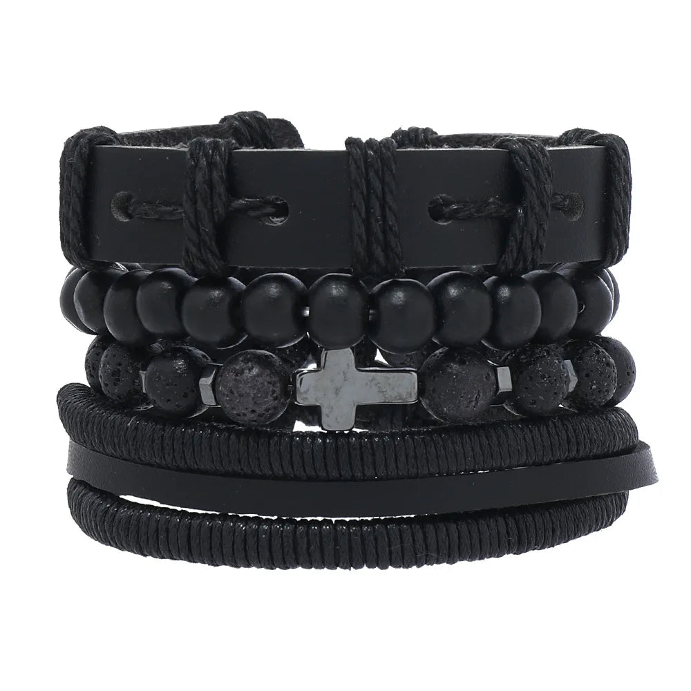 Black Stone Cross Leather Bracelet Set – Hand Woven Multilayer Men’s Jewelry