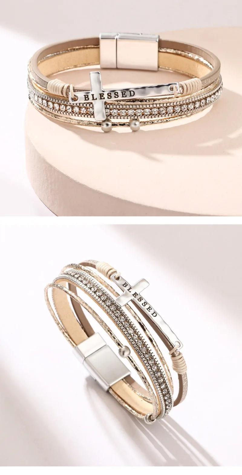 Bohemian Rhinestone Cross Leather Bracelet – Layered Wrap Christian Jewelry For Women