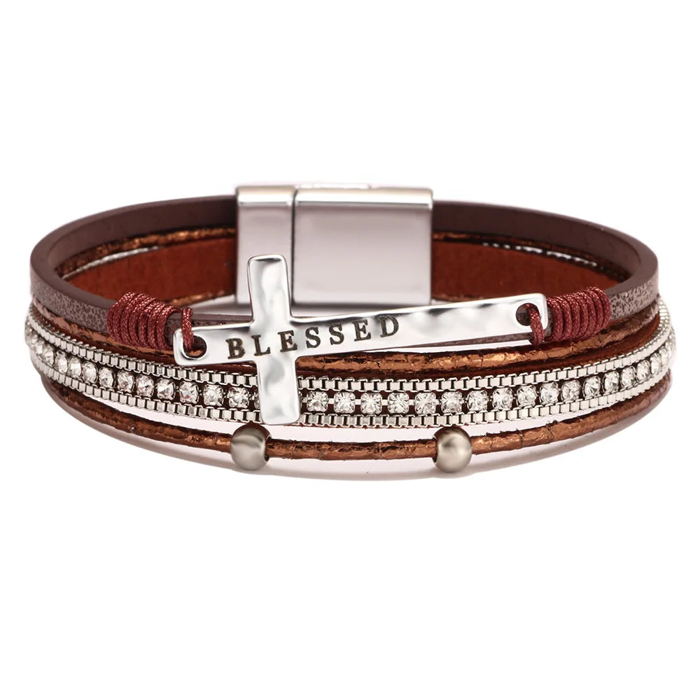 Bohemian Rhinestone Cross Leather Bracelet – Layered Wrap Christian Jewelry For Women