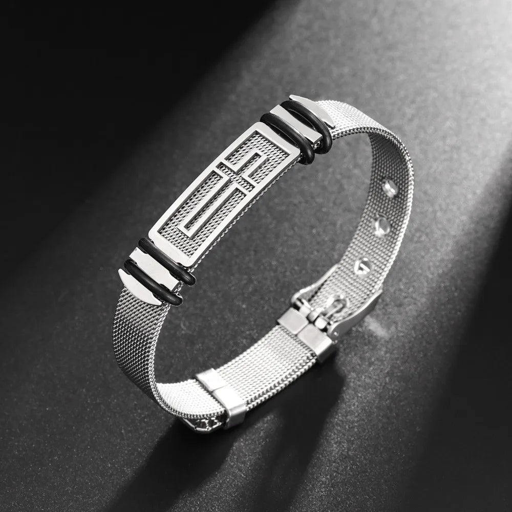 Stainless Steel Cross Cuff Bracelet – Trendy Christian Metal Religious Men Accessory
