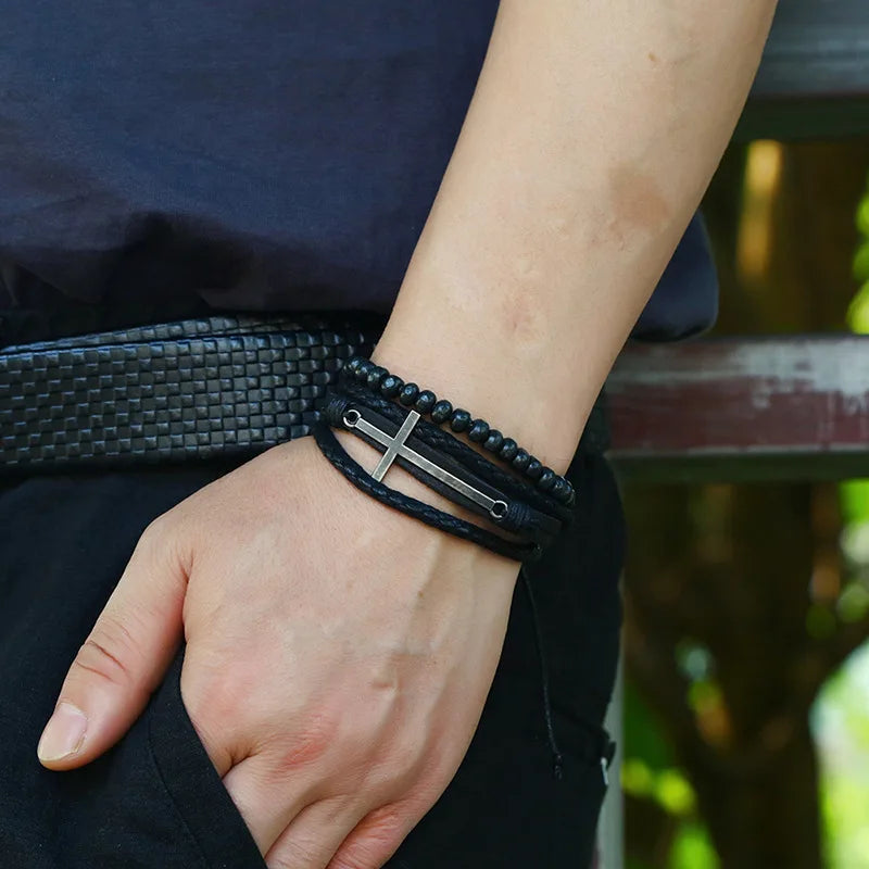 Men’s Retro Cross Layer Bracelet – Hand Woven Black Cowhide Leather Jewelry