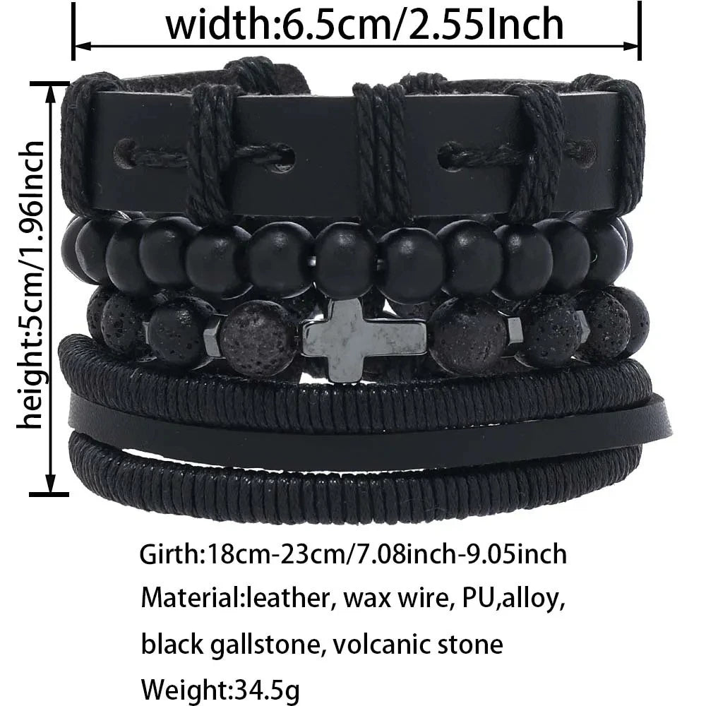 Black Stone Cross Leather Bracelet Set – Hand Woven Multilayer Men’s Jewelry