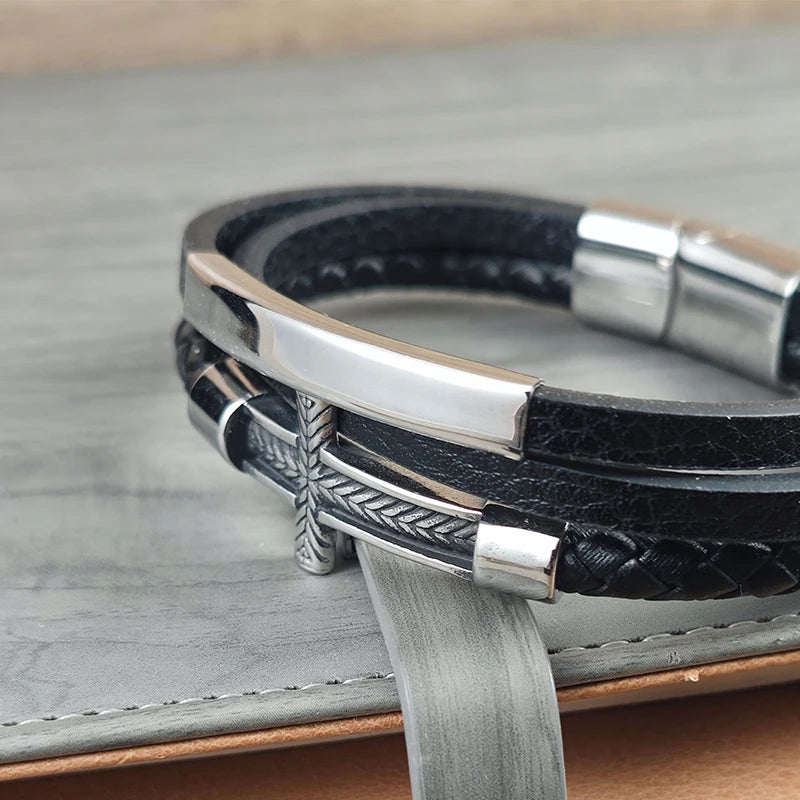 Men’s Cross Braid Leather Bracelet – Stainless Steel Magnetic Buckle Woven Jewelry
