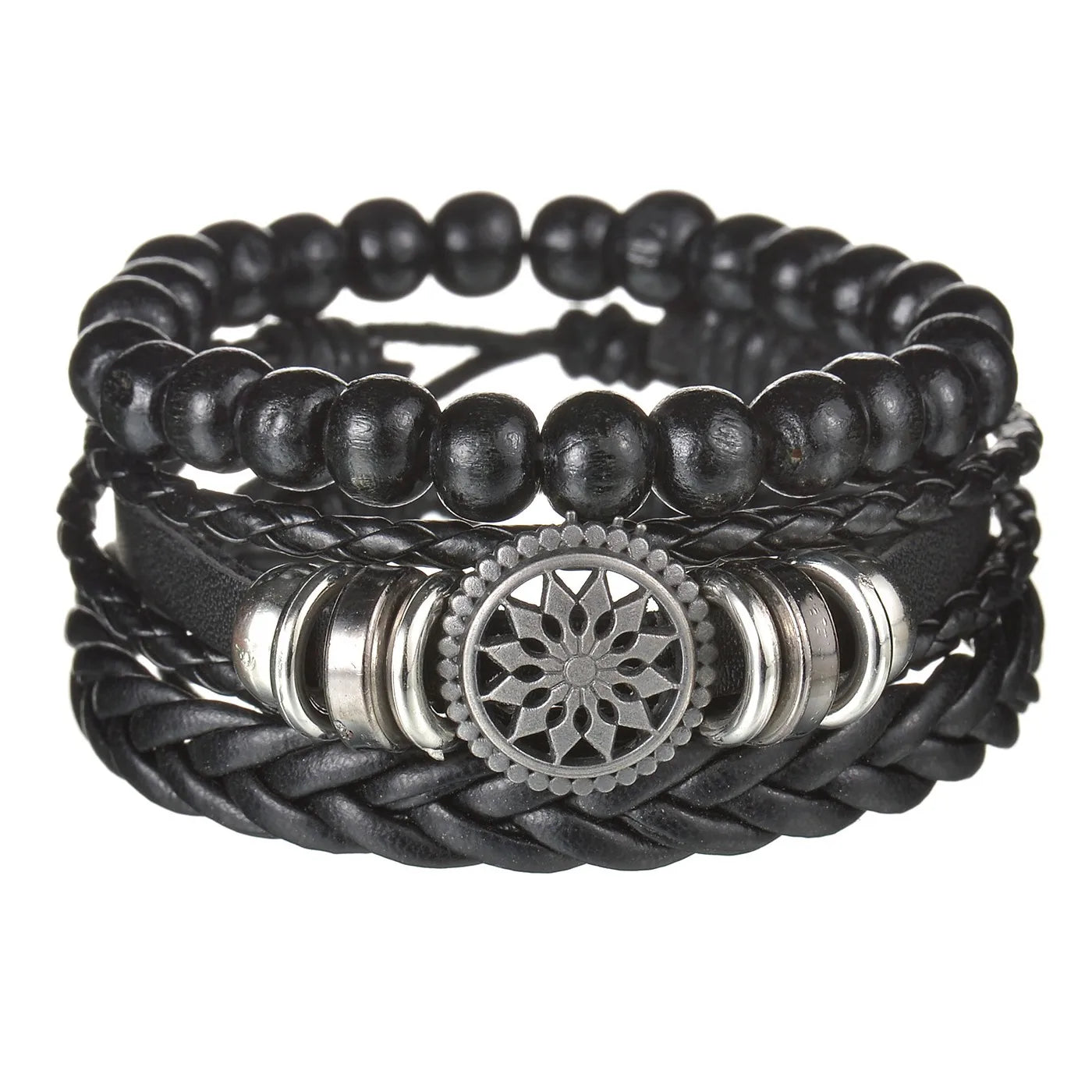 Men’s Multi Layer Leather Cross Bracelet – Braided Stainless Steel Prayer Wristband