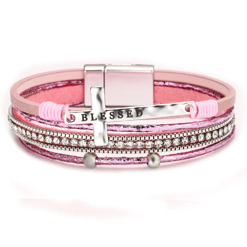 Bohemian Rhinestone Cross Leather Bracelet – Layered Wrap Christian Jewelry For Women