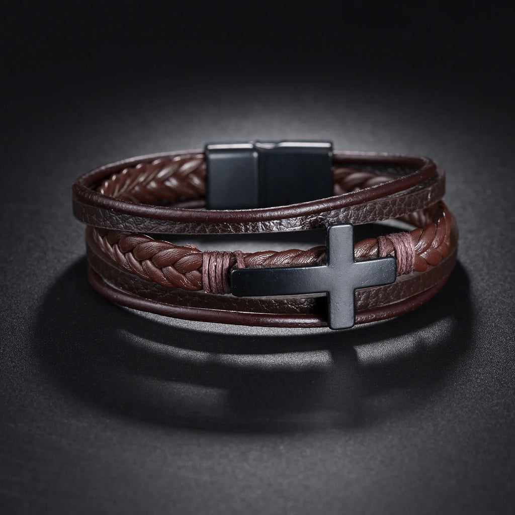 Men’s Multi Layer Leather Cross Bracelet – Braided Stainless Steel Prayer Wristband