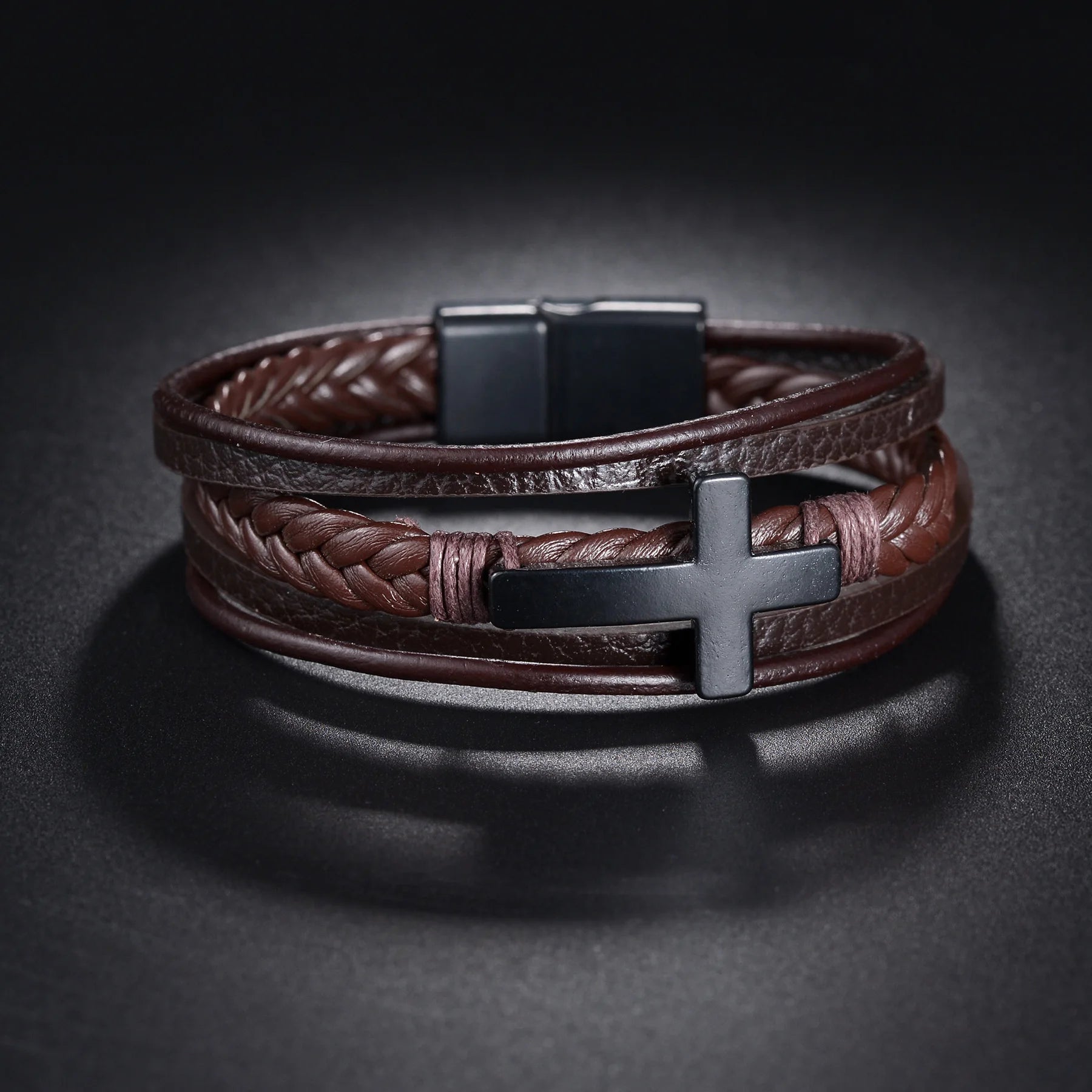 Men’s Multi Layer Leather Cross Bracelet – Braided Stainless Steel Prayer Wristband