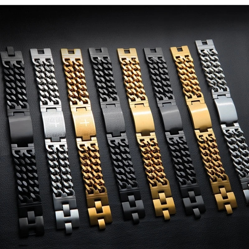 Men’s Stainless Steel Cuban Chain Cross Bracelet – Masculine Christian Hand Jewelry