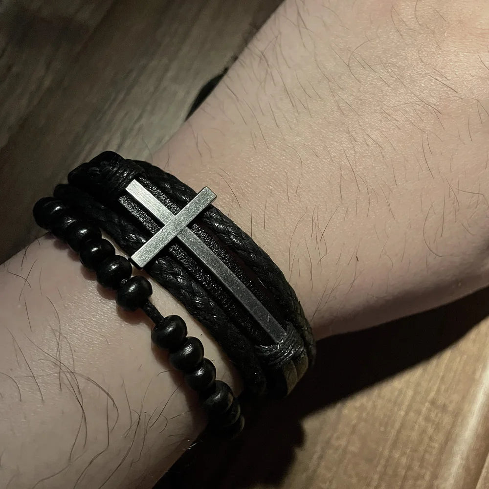 Men’s Retro Cross Layer Bracelet – Hand Woven Black Cowhide Leather Jewelry