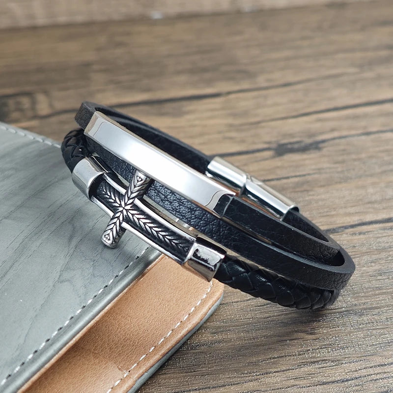 Men’s Cross Braid Leather Bracelet – Stainless Steel Magnetic Buckle Woven Jewelry