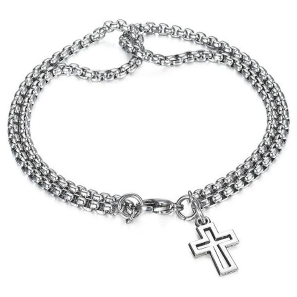 Silver Stainless Steel Double Layer Cross Bracelet – Trendy Christian Men JewelryMen’s Bracelets