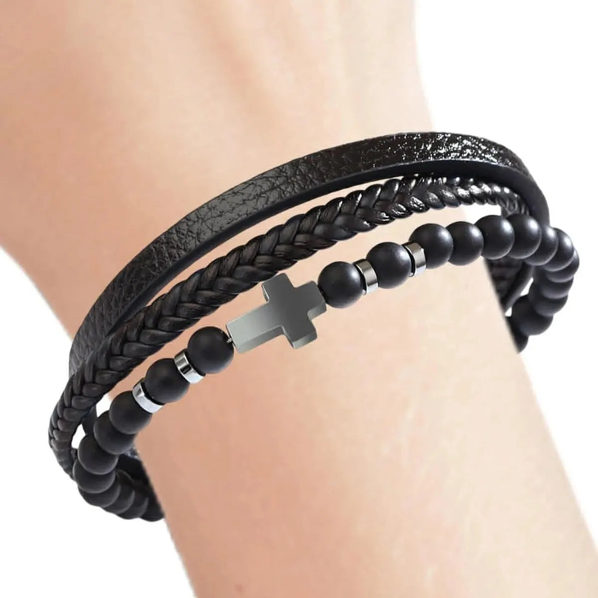 Men’s Multi Strand Woven Cross Bracelet – Braided Cuff Wristband Christian Jewelry