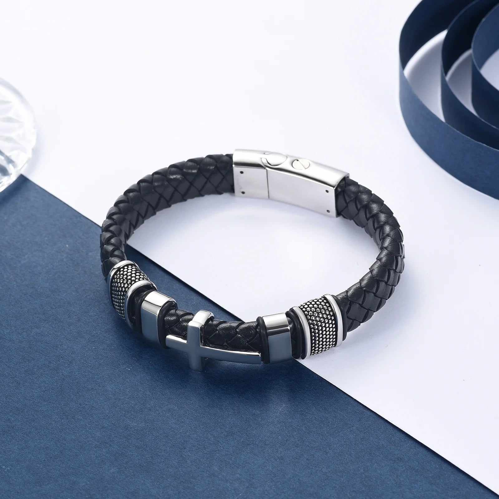 Cross Cremation Bracelet For Ashes – Braided Leather Memorial Urn Keepsake Bracelet
