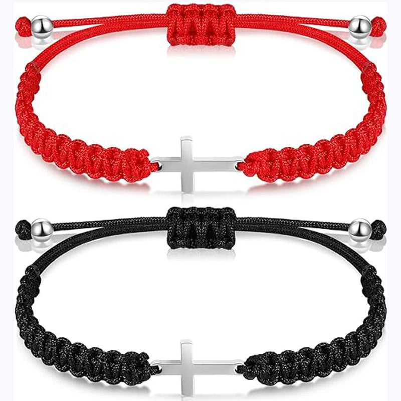 Handmade Black String Rope Cross Bracelet Set – Matching Christian Friendship Gift
