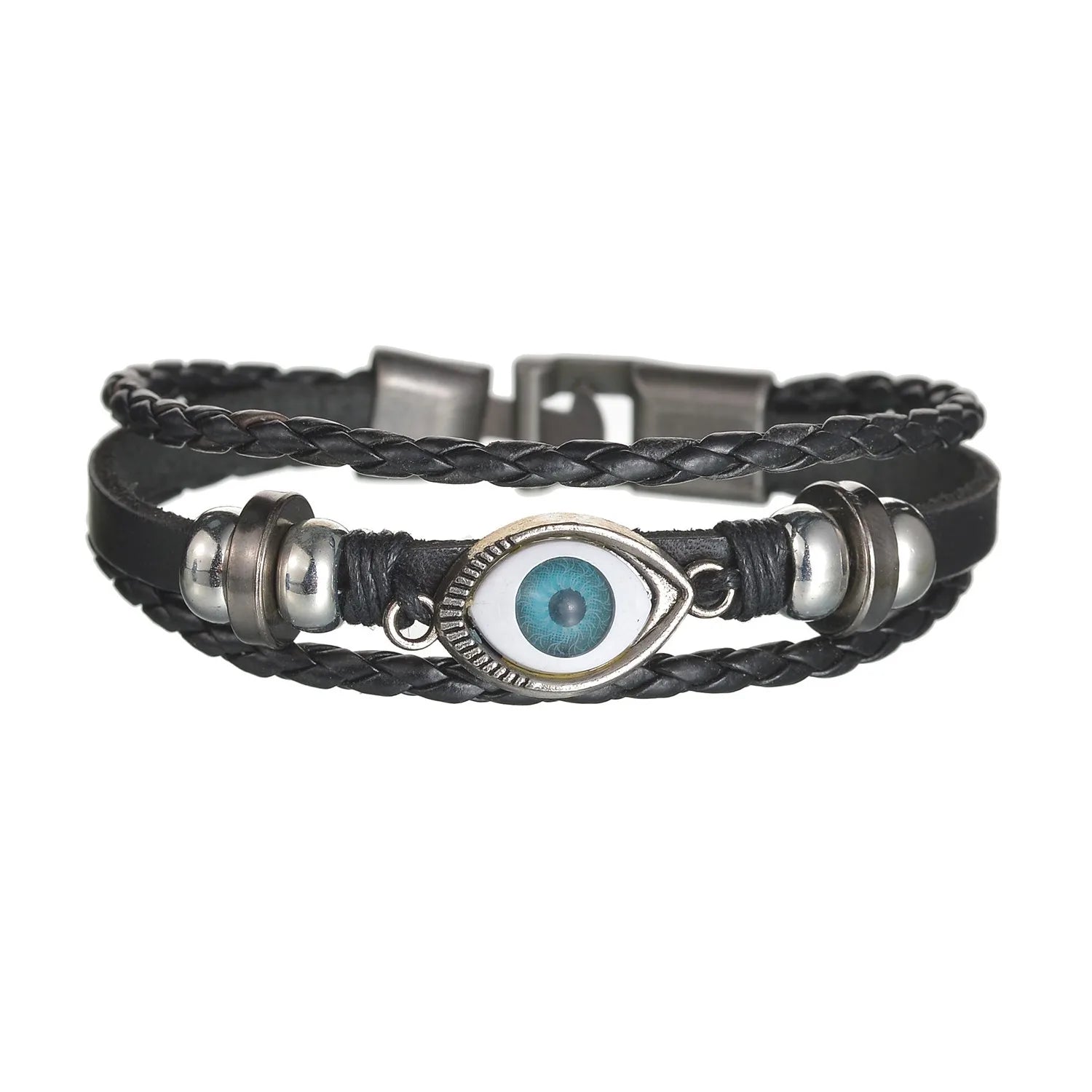 Men’s Multi Layer Leather Cross Bracelet – Braided Stainless Steel Prayer Wristband