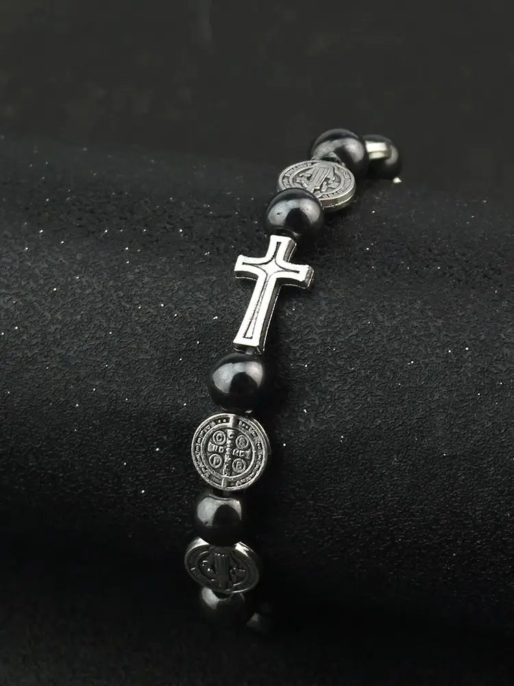Catholic Rosary St. Benedict Medal Cross Prayer Bracelet – Hematite Religion Jewelry