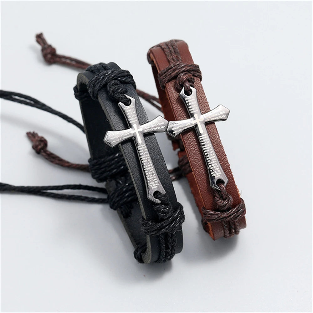 Retro Braided Leather Cross Bracelet – Adjustable Christian Faith Jewelry Gift Unisex